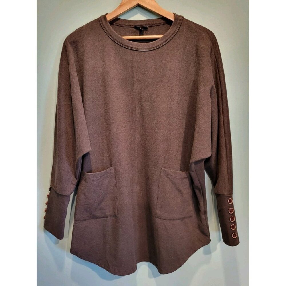 Brown Mori Lagenlook Long Dolman Sleeve Oversized Tunic Top Pockets Sz S/M